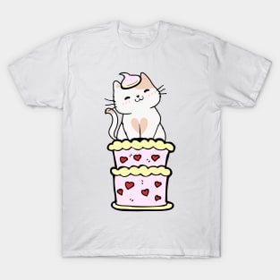 Funny white cat jumping out of a cake T-Shirt